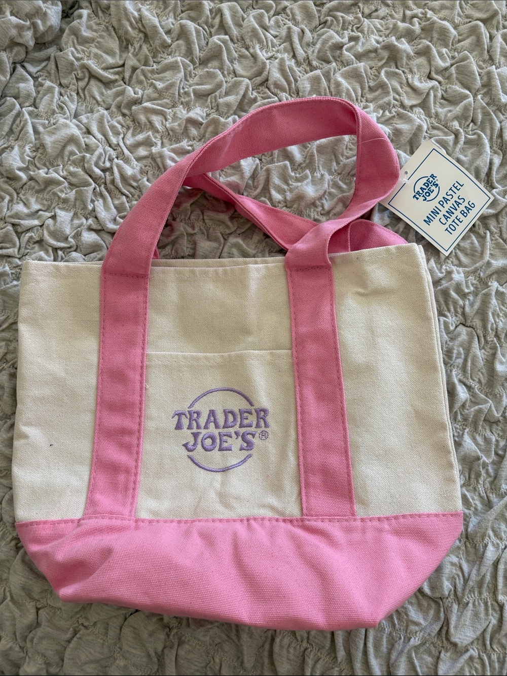 NWT Trader Joe’s Mini Pastel Canvas Tote Bag - Pink and Cream